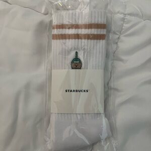 Starbucks White Crew Socks with Tan Stripes and Green Logo